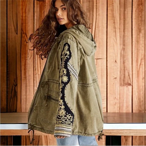 Free People Golden Quills Embroidered Olive Green Military Jacket - Picture 4 of 5